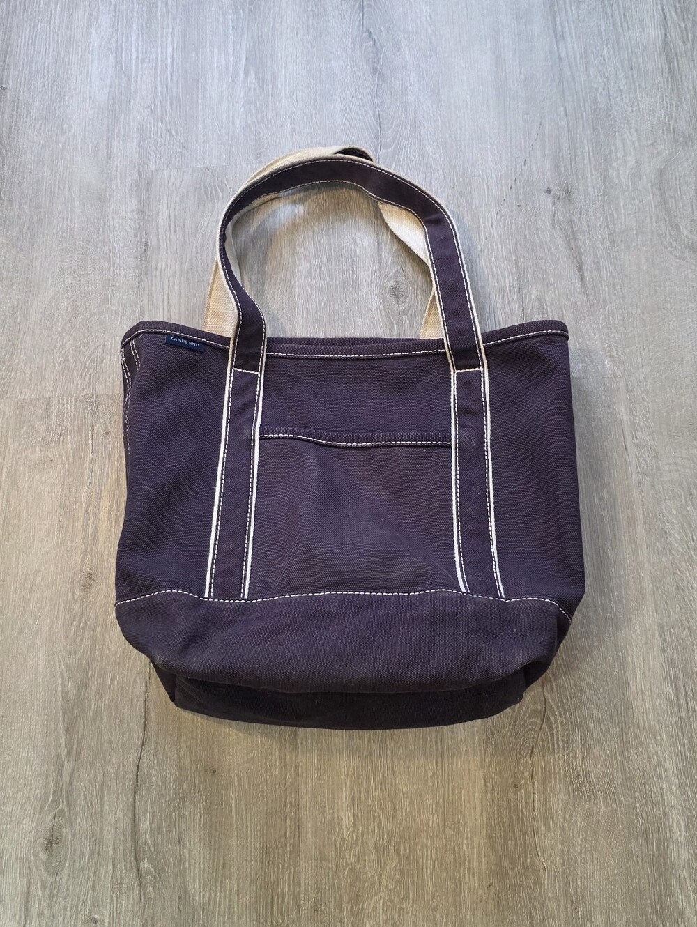 Lands' End Medium Open Top Canvas Tote Bag Blue Cream  16" x 12" x 6"